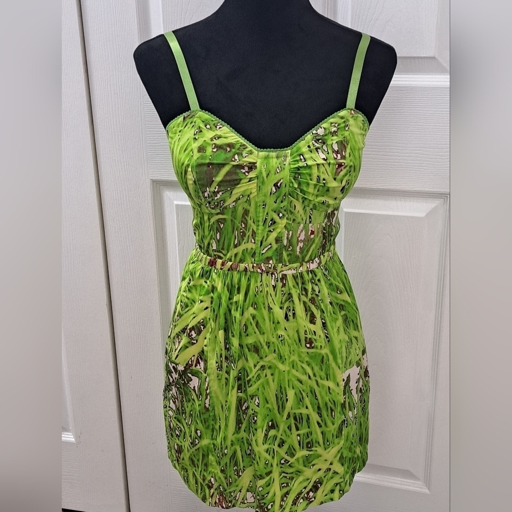 Anthropologie Silk Sculpted Green Grass Mini Dress     Size 2